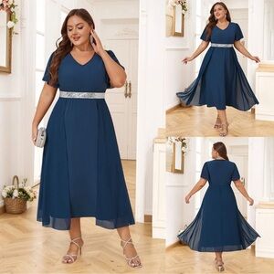 Plus Size V-Neck Navy Midi Dress with Silver Waistband